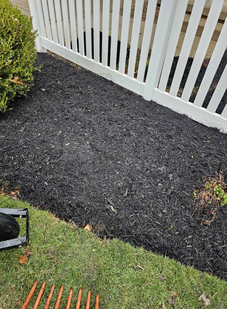 Freshly mulched bed along a white picket fence after clean up