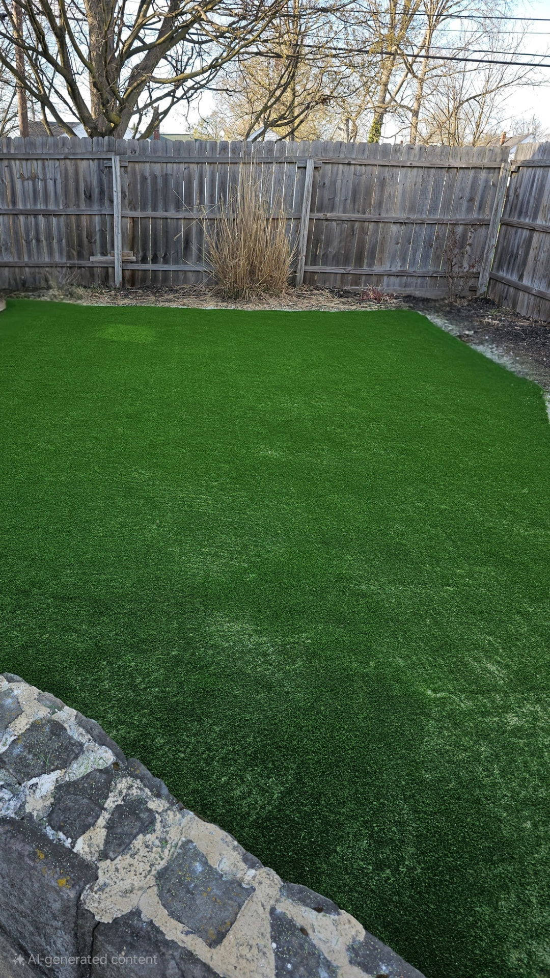 Artificial turf lawn installed in a fenced backyard beside a stone wall